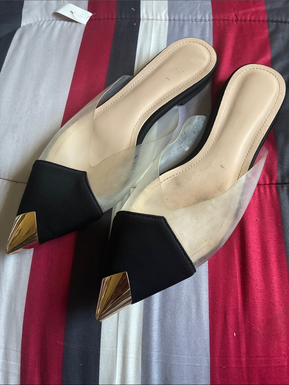 Clear and Black Pointed-Toe Mule with Gold Cap